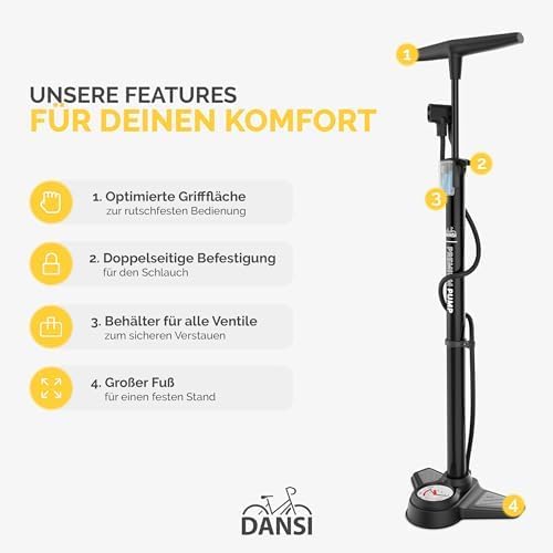 DANSI Stand-Fahrradpumpe alle Ventile AV, SV, DV - Luftpumpe Fahrrad Inklusive Grossem Manometer, Ad