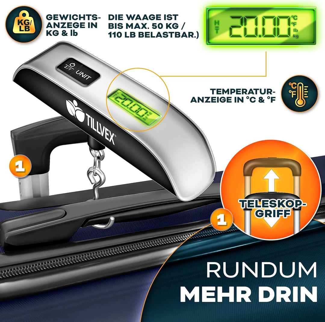 tillvex® Reisekoffer Set 4-teilig + Gepäckwaage, 8X Koffergurte & 4X Kofferanhänger | Kofferset 4 Ro