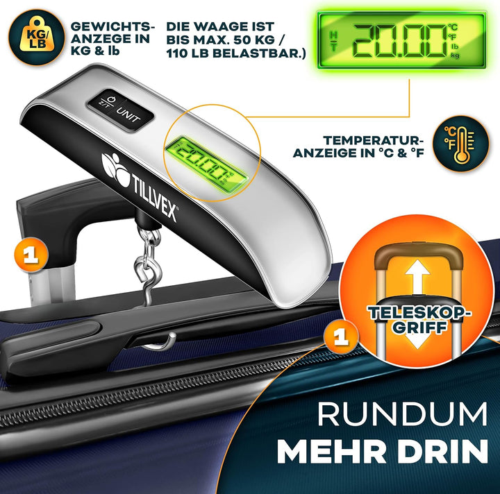 tillvex® Reisekoffer Set 4-teilig + Gepäckwaage, 8X Koffergurte & 4X Kofferanhänger | Kofferset 4 Ro