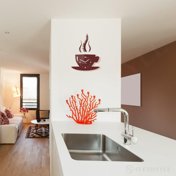 FLEXISTYLE Tasse Zeit für Kaffee Moderne Küche Wanduhr, 3D römisch, wanduhr deko (Braun (Milchschoko