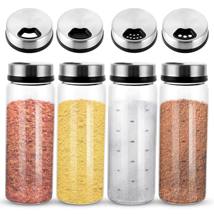 4 Stück Gewürzgläser mit Drehdeckel, Salzstreuer 300ml, Salz und Pfefferstreuer, Gewürzdosen mit Gew