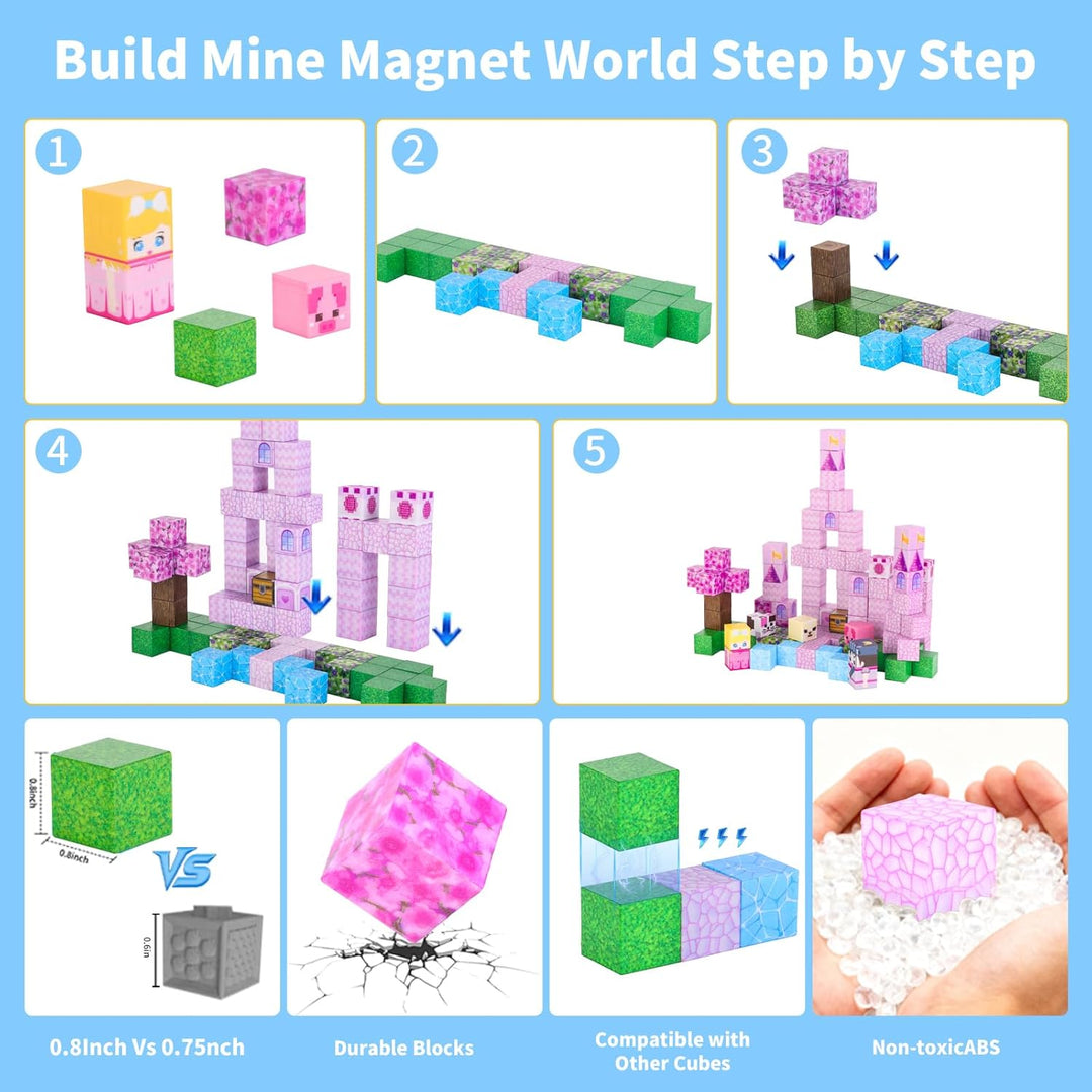 MEESHEEP Magnetische Bausteine Pink Schloss, Baue Genau Die Abgebildeten Modelle | STEM Montessori-S