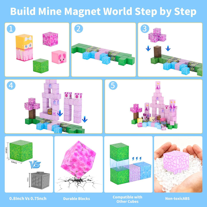 MEESHEEP Magnetische Bausteine Pink Schloss, Baue Genau Die Abgebildeten Modelle | STEM Montessori-S