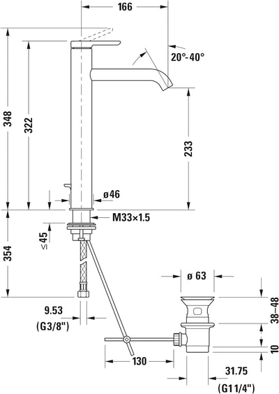 Duravit C.1 Waschtischarmatur, Grösse XL (Auslauf Höhe 233 mm). Wasserhahn Bad mit Zugstangen-Ablauf