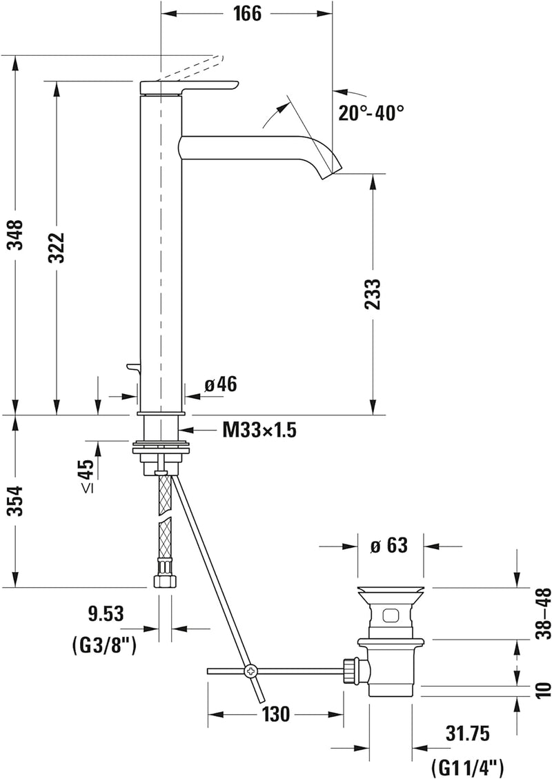 Duravit C.1 Waschtischarmatur, Grösse XL (Auslauf Höhe 233 mm). Wasserhahn Bad mit Zugstangen-Ablauf