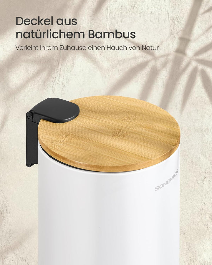 SONGMICS Kosmetikeimer, Mülleimer Bad, mit Deckel aus Bambus, Tretmülleimer mit Metallpedal, Innenei