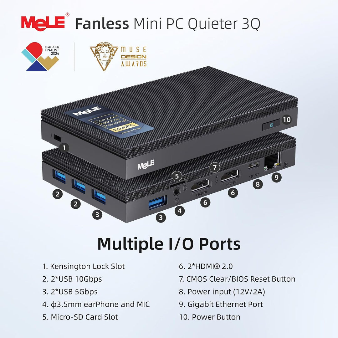 MeLE Quieter3Q Lüfterloser Mini PC Windows 11 Pro Celeron N5105 8GB 256GB, Portable Desktop HDMI Wif