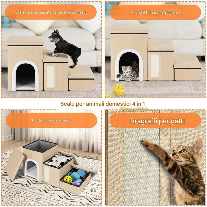 BAKAJI 3-in-1 Klapptreppe für Hunde und Katzen, aus Polyester, Beige, multifunktionale Leiter für St