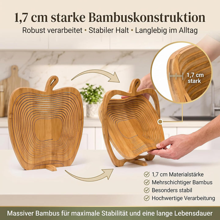 hausleben Obstkorb aus Bambus 3-in-1 Faltkorb – Obstschale, Gemüseschale &amp; Topfuntersetzer – Klappba