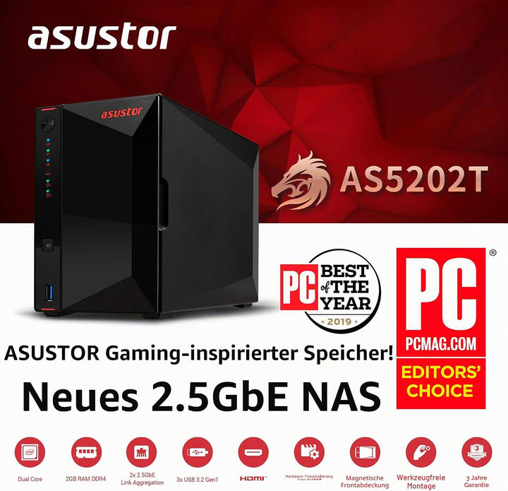 Asustor AS5202T Nimbustor 2 Bay NAS - Netzwerkspeicher Gehäuse, Dual Core 2,0GHz CPU, 2GB DDR4, gami