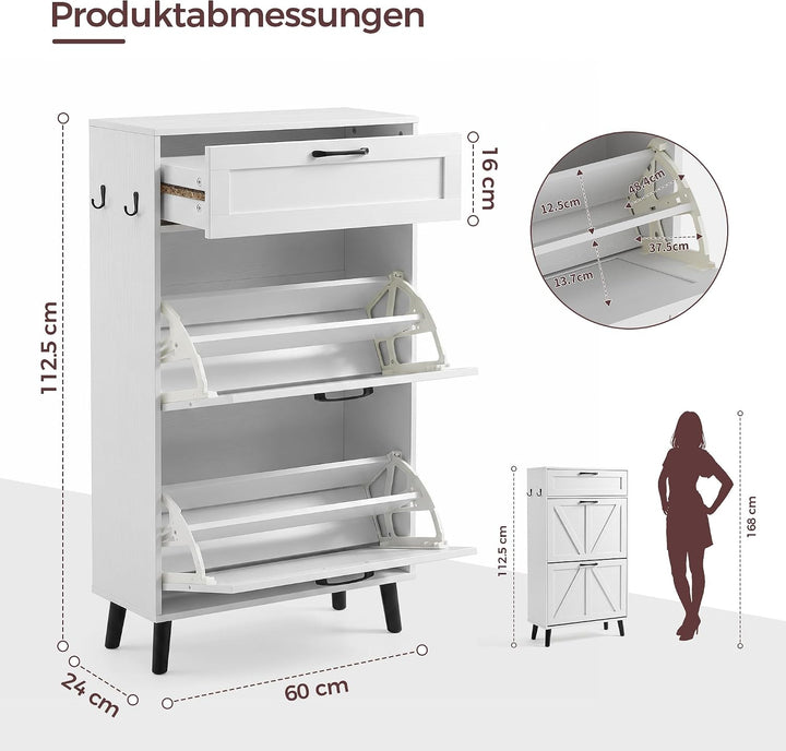 BonVache Schuhschrank schmal, Schuhkipper mit 2 Klappen&Schublade, Schuhregal mit Trennwände verstel