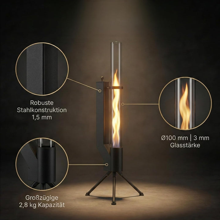 Albatros hochwertige Pelletfackel Schwarz | Raketenofen für den Garten | mit Glas Feuerrohr | Terras