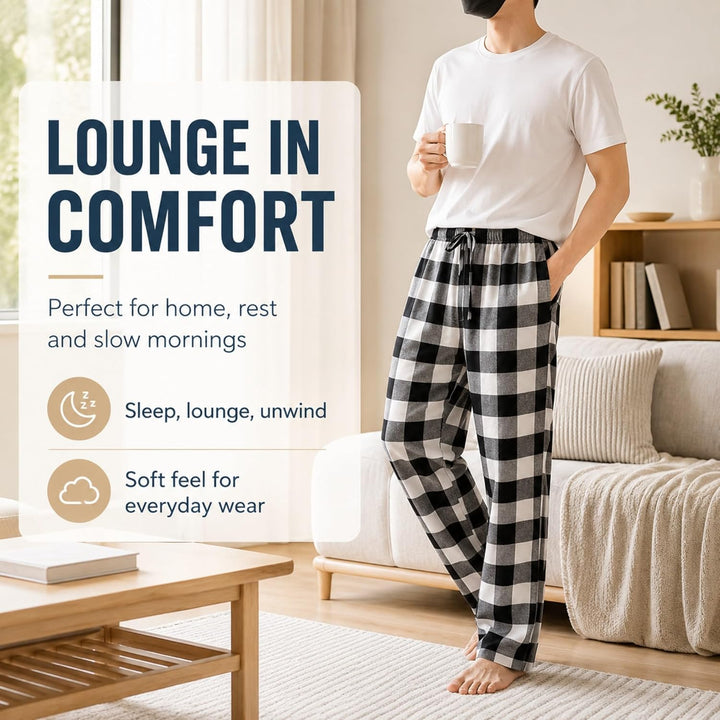 Herren 100% Baumwolle Flanell Bequeme Pyjama/Lounge Bottoms mit Taschen S Black White Check, S Black