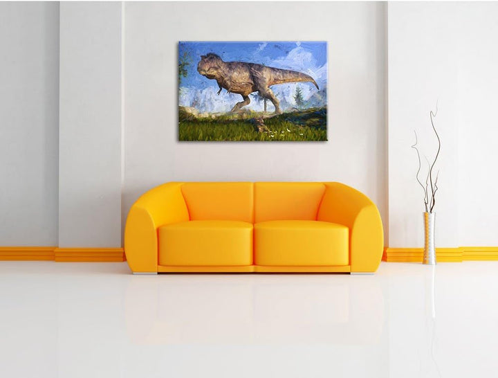 Pixxprint T-Rex Dinosaurier in der Natur Kunst Pinsel Effekt, Format: 100x70 auf Leinwand, 100x70