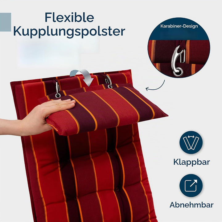 Beautissu 3er Set Premium Hochlehner Auflage Kopfpolster rutschfest robust | 120x50cm Rot gestreift