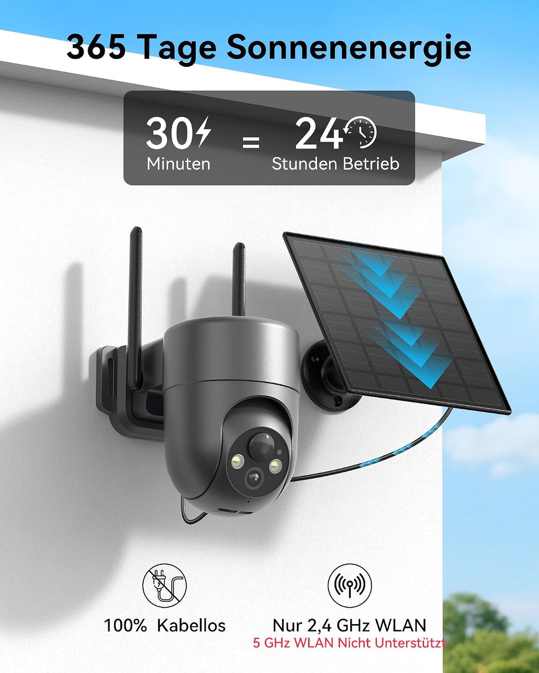 2K Überwachungskamera Aussen Solar WLAN, 2,4 GHz | 360° PTZ Kamera Überwachung Aussen Akku mit PIR-E