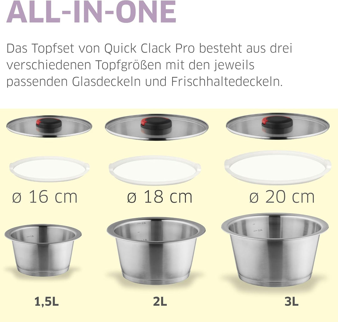 Quick Clack Pro 504793000 Edelstahl Kochtopf Set - 12-teilig - Abnehmbarer Griff, Topfset für Indukt