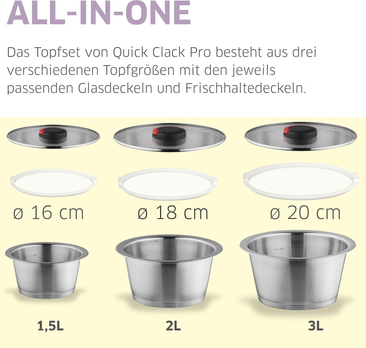Quick Clack Pro 504793000 Edelstahl Kochtopf Set - 12-teilig - Abnehmbarer Griff, Topfset für Indukt
