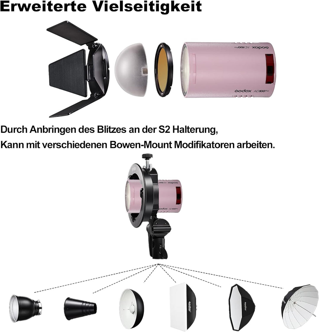 GODOX Pink AD100Pro Kit Strobe Light Photography,100Ws 2.4G Wireless HSS 1/8000s Outdoor Flash Light