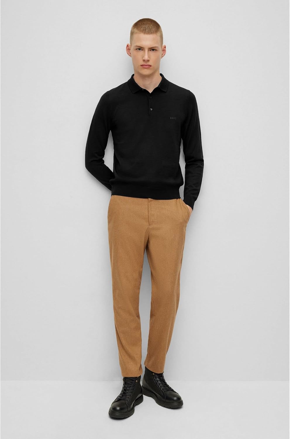 BOSS Herren Bono-L Pullover aus Schurwolle mit Polokragen und Logo-Stickerei XL Schwarz, XL Schwarz