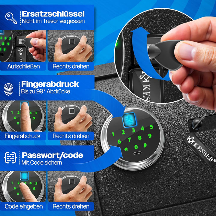 KESSER® Elektr. Tresor mit Fingerabdruck &amp; Schlüssel L | Inkl. Notfallakku | Elektronischer Safe | 3