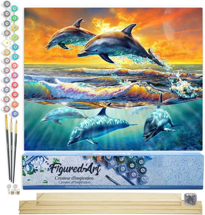 Figured'Art Malen Nach Zahlen Erwachsene Mit Rahmen Delfine im Sonnenuntergang - Paint by Numbers Ba