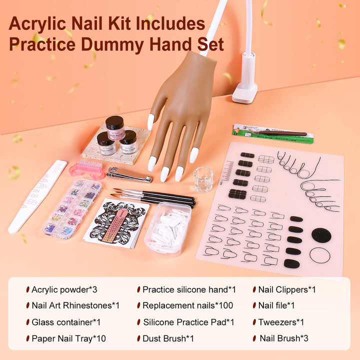 Acryl Nagel Set mit Übungshand &amp; 100 Ersatznägeln – Profi Nail Art Kit für künstliche Nägel, Nagelve