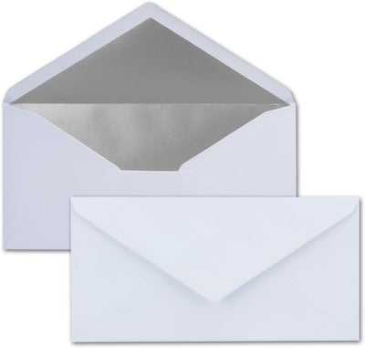 100 Brief-Umschläge DIN Lang - Weiss mit Silber-Metallic Innen-Futter - 110 x 220 mm - Nassklebung -