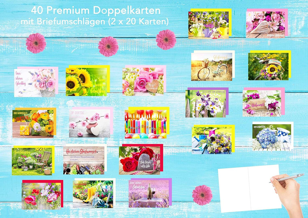 Set 40 exklusive Premium Geburtstagskarten mit Umschlag (2x20). Glückwunschkarte Grusskarte zum Gebu