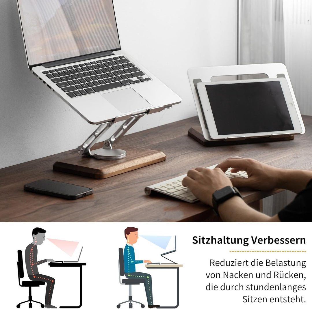 muso wood Laptopständer Höhenverstellbar mit 360° Drehbarer Holz Basis Laptop Ständer Laptop Erhöhun