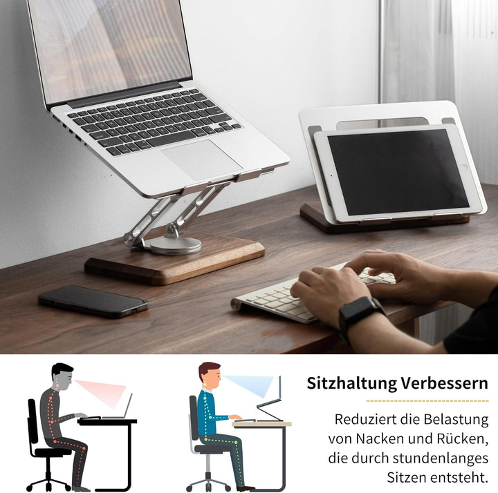 muso wood Laptopständer Höhenverstellbar mit 360° Drehbarer Holz Basis Laptop Ständer Laptop Erhöhun
