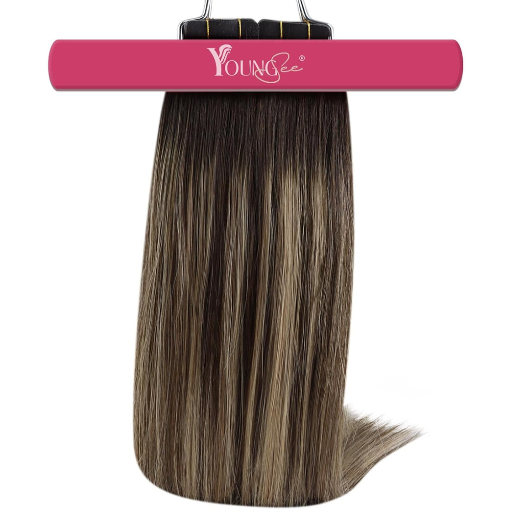 YoungSee Tape in Extensions Echthaar Ombre Echthaar Extensions Tape 50cm Dunkelbraun Balayage Blond