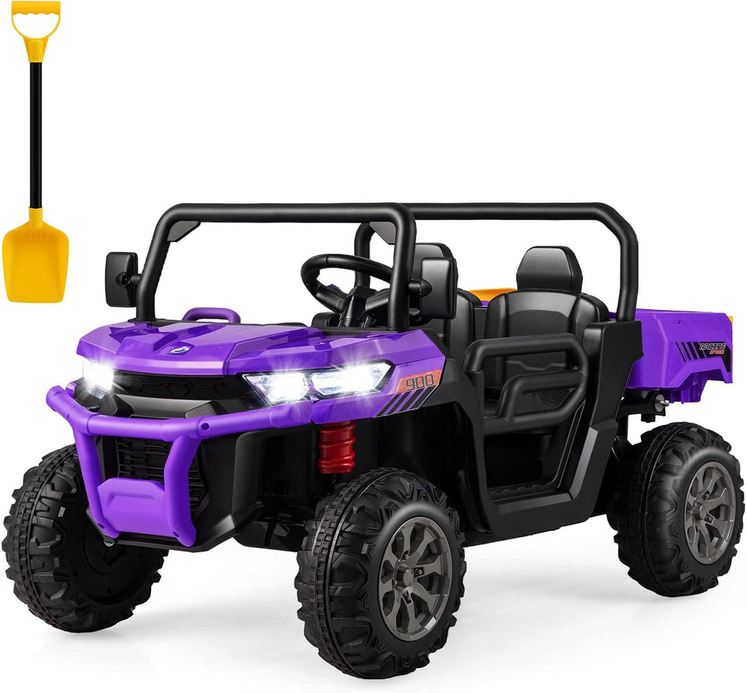 GOPLUS Kinder Elektroauto, 2-Sitzer Kinderauto mit Kippbett &amp; Schaufel, Fernbedienung, Musik, Schein