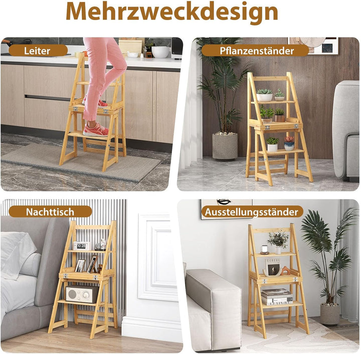 RELAX4LIFE klappbarer Leiterstuhl, Bibliotheksleiter Bambus, 3-stufiger Tritthocker mit Sicherheitss