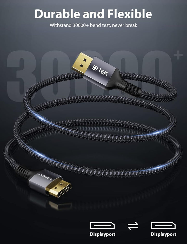 Stouchi DisplayPort 2.1 Kabel 3M/10FT DP 2.1/2.0 [16K@60Hz, 10K@60Hz, 8K@120Hz, 4K@240Hz 165Hz 144Hz