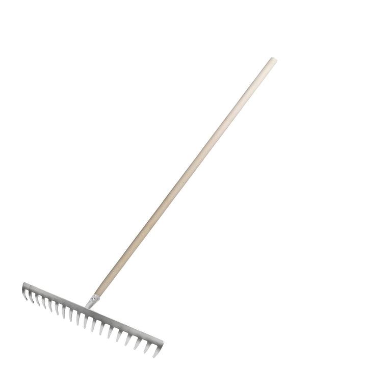 Garten Gerät Harke Rasen Boden Erde Rechen 18 Zinken Stahl Silber Gartenrechen 45,5 cm mit Holz Stie