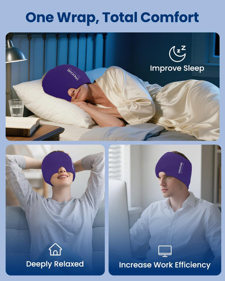 ONLYCARE Migräne Maske, Upgraded Kühlmaske Schlafmaske Kühlmütze Kühlhaube 360° Gel Surround kühlpad