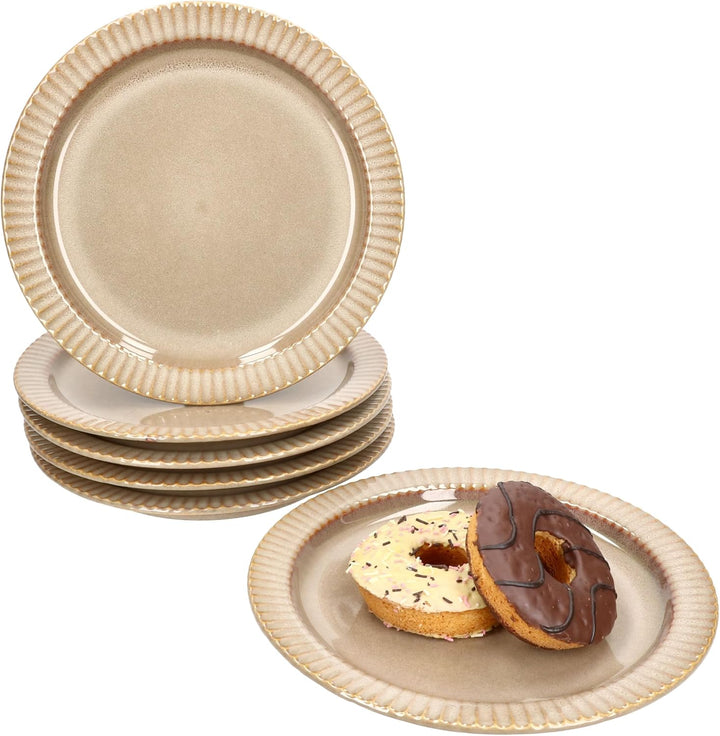 MamboCat Bistro 6er Set Kuchenteller | Ø 22 cm | braunes Dessertteller-Set aus Steingut mit Retro-De
