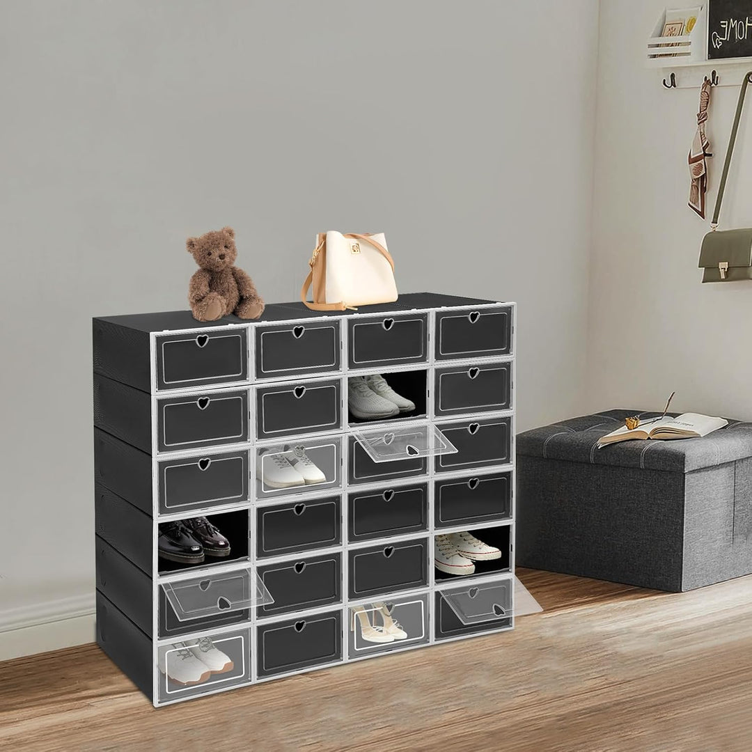 24er-Set Schwarz Transparent Schuhboxen Stapelbar Schuhaufbewahrung mit Durchsichtiger Tür Faltbar S