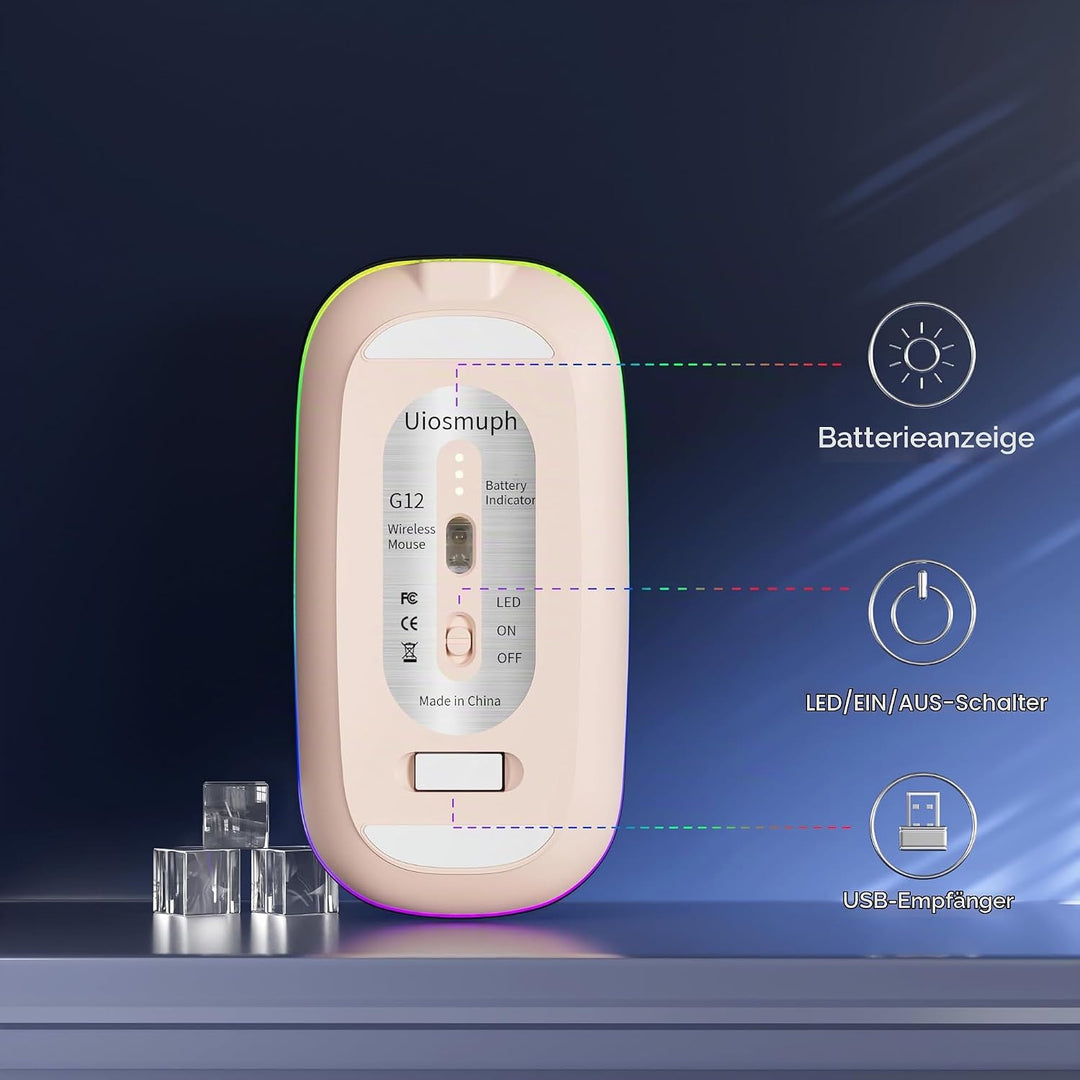 Uiosmuph G12 Maus Kabellos, 2.4G LED Leise Funkmaus Wiederaufladbar Wireless Mousemit Nano-USB-Empfä
