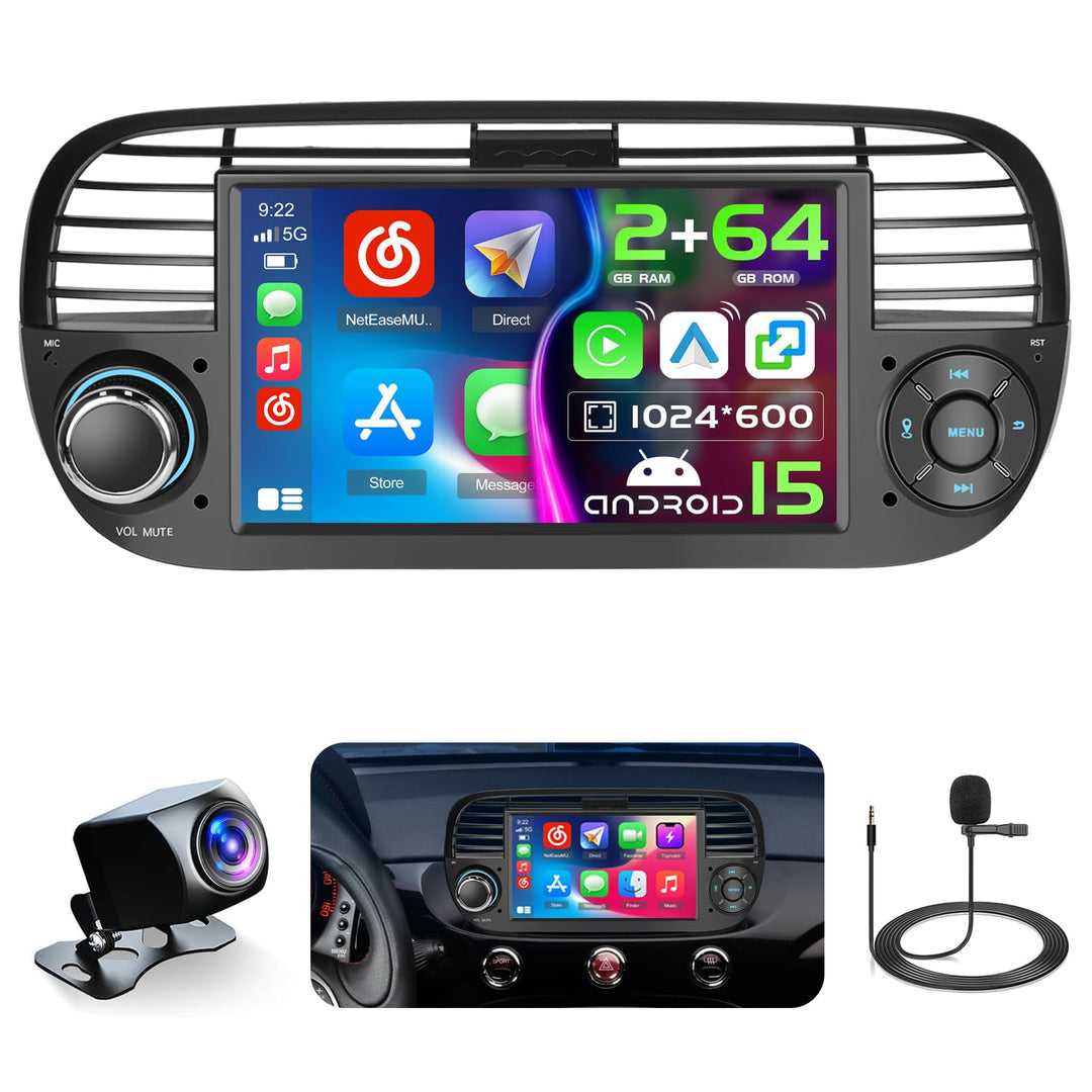 Hikity 2G+64G Android 15 Autoradio für FIAT 500 2007-2015 mit 7-Zoll-Touchscreen, Autoradio für FIAT