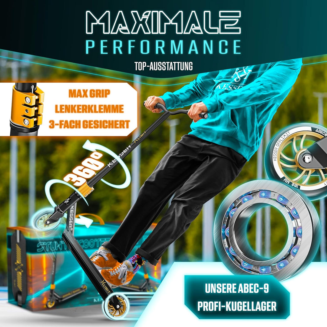 KESSER® Stunt Scooter X-Limit-Pro 360° Lenkung Funscooter Stuntscooter mit Ständer ABEC 9 Kugellager