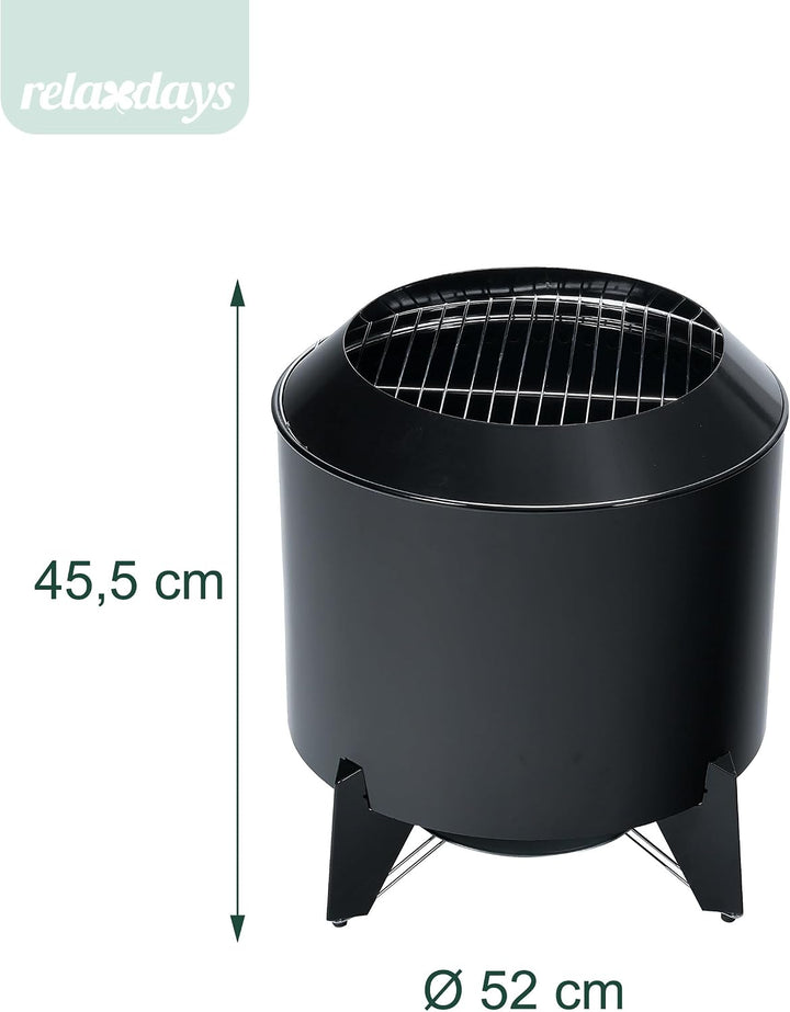 Relaxdays Feuerschale ohne Rauch, 2 in 1 mit Grillrost, Stahl, schwarz | HxØ: 46x52 cm, emailliert,