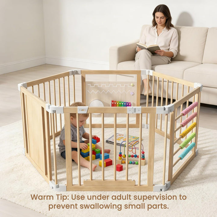 Laufstall Baby Holz mit Spielcenter – 160x80x61cm Verstellbare Grösse &amp; Form Laufgitter, Faltbarer L