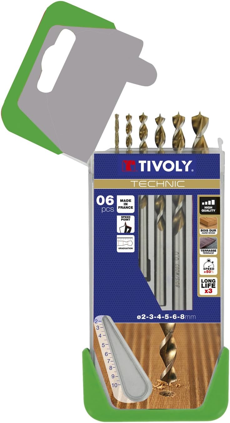 Tivoly Bohrer G13 – Pack von 5 Für Holz, Hohe Leistung, Durchmesser 2, 3, 4, 5, 6, 8 mm)