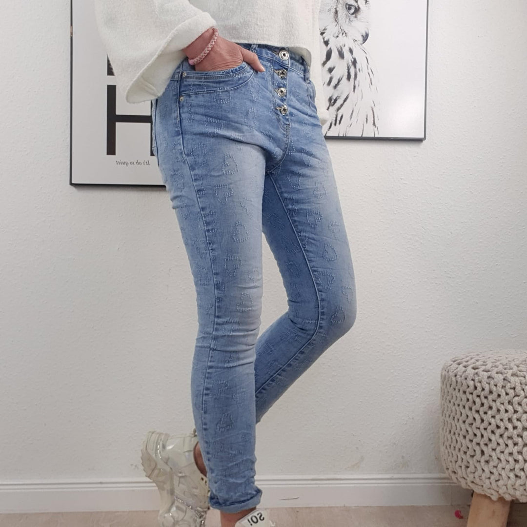 Jewelly Damen Boyfriend Stretch Jeans| Denim Hose für Frauen| 5-Pocket Bagggy Pants S Denim Heart, S