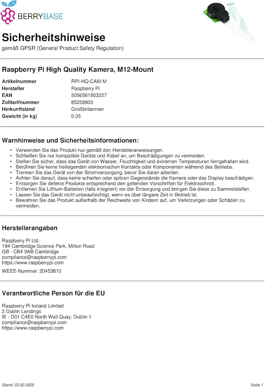 Raspberry Pi EB43131 HQ Kamera - M12 Mount