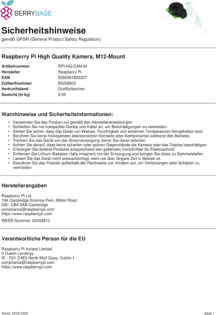 Raspberry Pi EB43131 HQ Kamera - M12 Mount