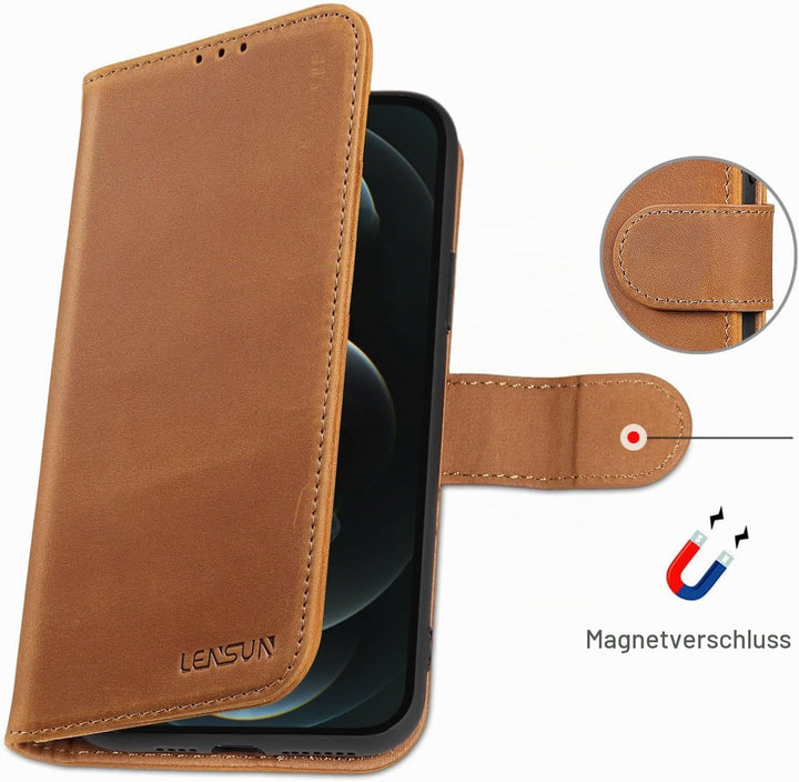 LENSUN Echtleder Hülle für iPhone 12 Pro Max, Handyhülle [Echtes Leder][Magnetverschluss][RFID Schut