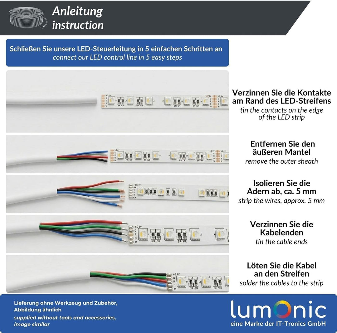 Lumonic 5x 0,34mm² LED Steuerleitung weiss 20m I ummanteltes 5 adriges Kabel flexibel I Geschirmtes